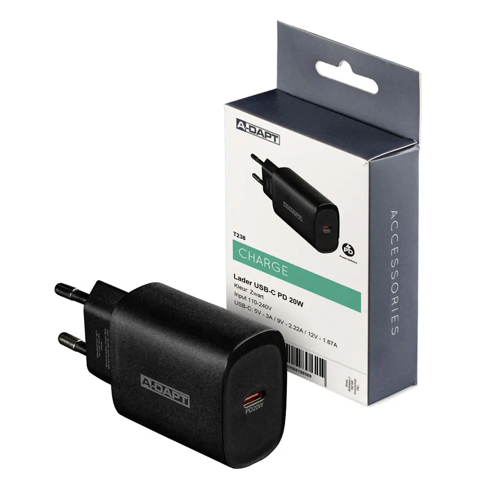 Chargeur domestique 20W 1x USB-C PD noir