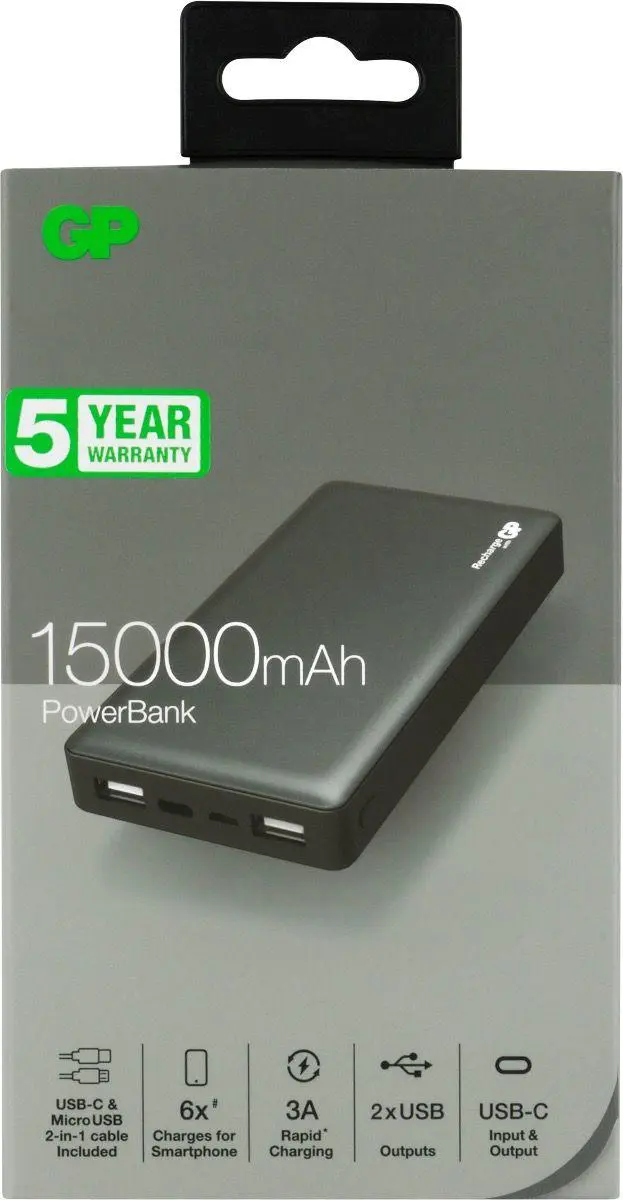 Power bank GP MP15MA grey 15,000 mAh 3 USB ports mAh 3A Type C
