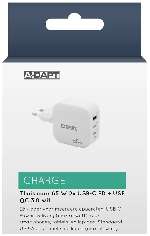 Home charger 65 W 2x USB-C PD USB QC 3.0 white