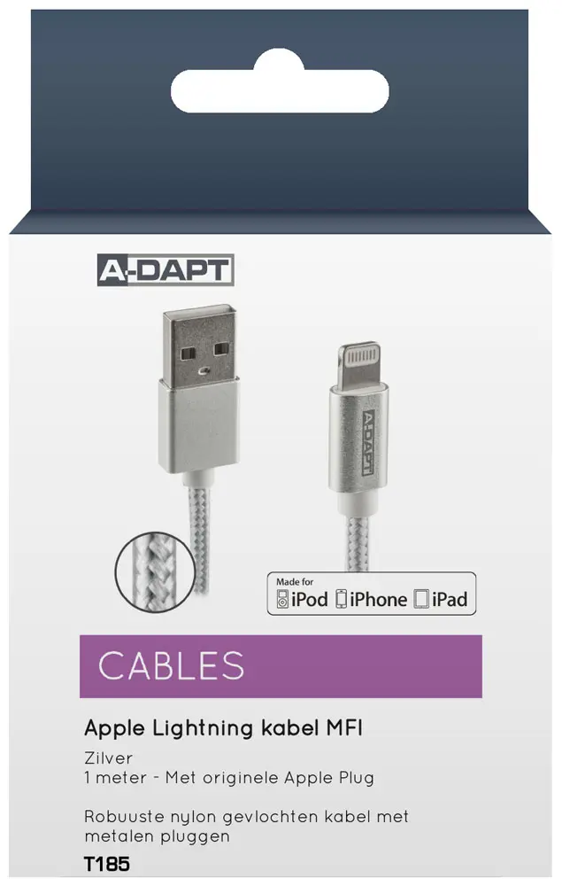 Cable de datos y carga Apple Lightning MFI 1m plata