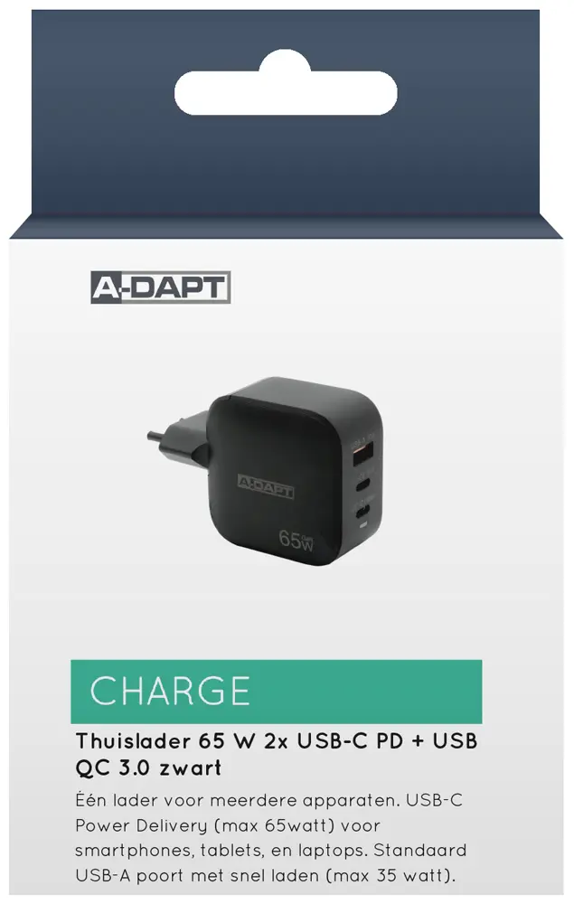 Heimladegerät 65 W 2x USB-C PD USB QC 3.0 schwarz