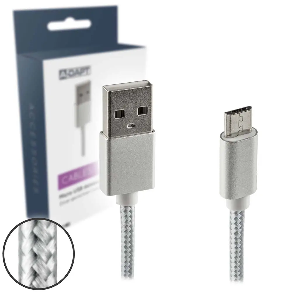 Cable de datos y cargador Micro USB Nailon 1m plata