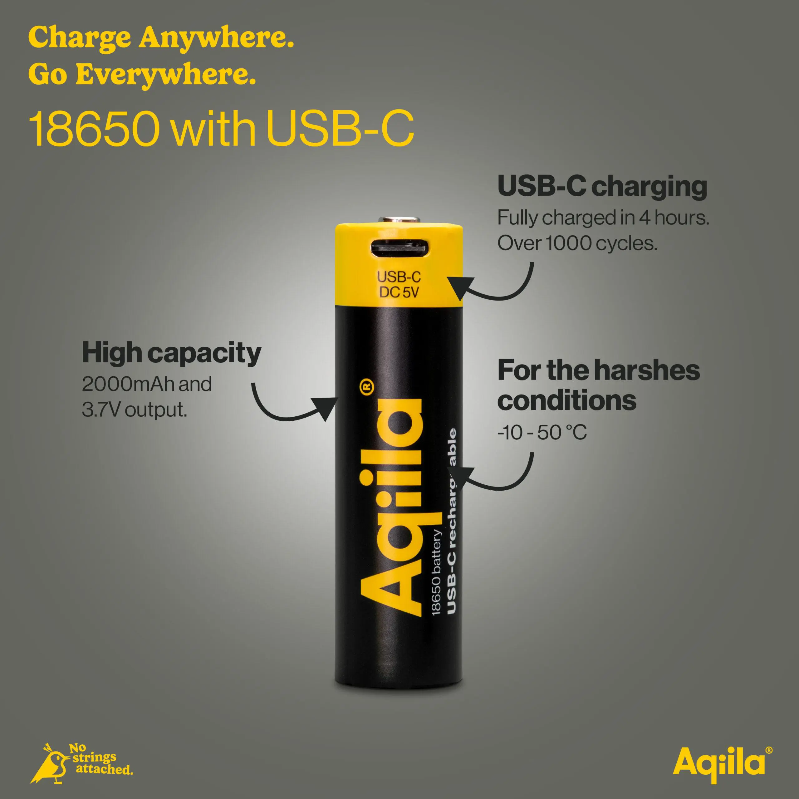 Aqiila 18650 Rechargeable Battery Aqiila USB-C 2000 mAh Li-Ion 3.7V 1 piece