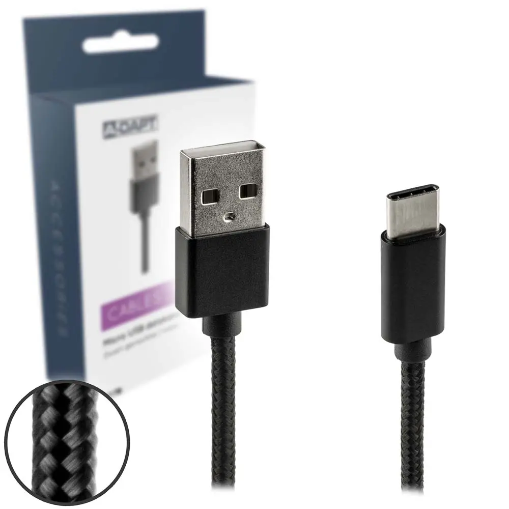 Data en laadkabel USB-C Nylon 1m zwart