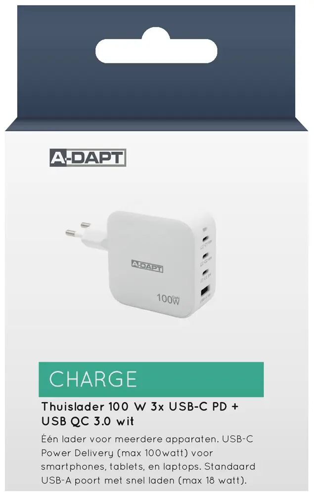 A-DAPT Home charger 100 W 3x USB-C PD + USB QC 3.0 white