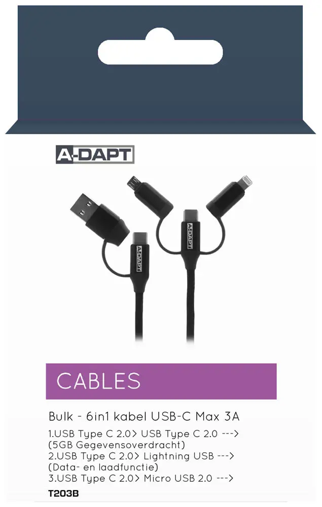 Câble de données et de chargement USB-C 6in1 noir