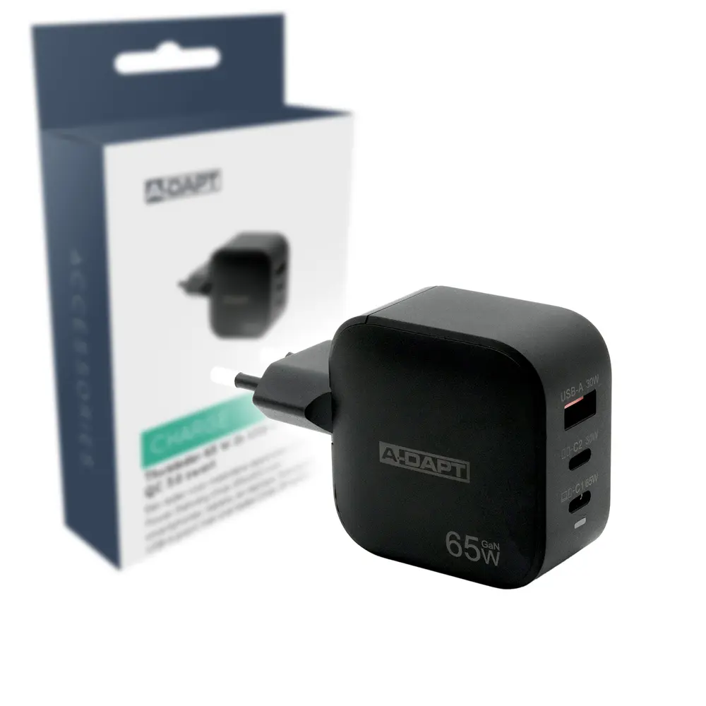 Cargador doméstico 65 W 2x USB-C PD USB QC 3.0 negro