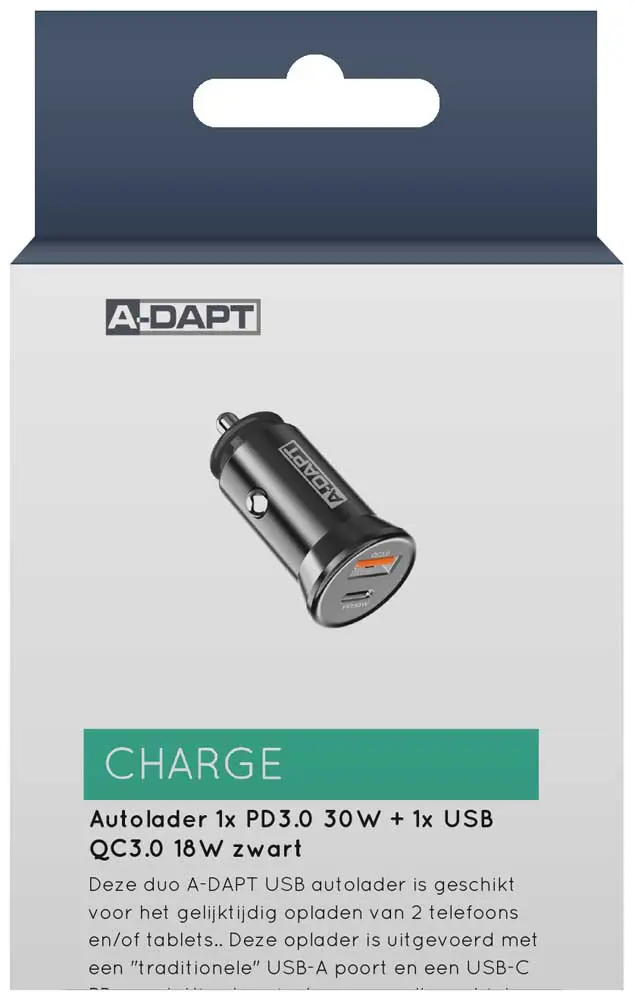 Car charger 1x PD3.0 30W + 1x USB QC3.0 18W black