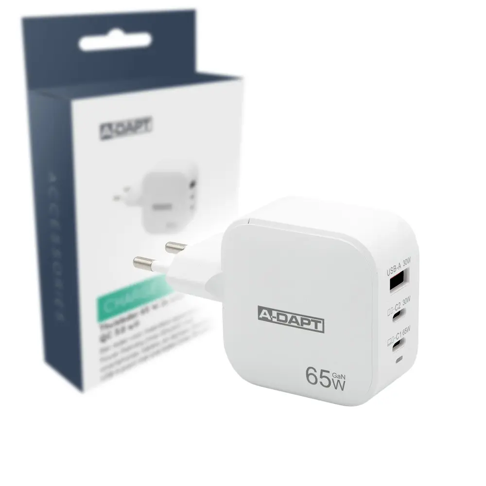 Home charger 65 W 2x USB-C PD USB QC 3.0 white