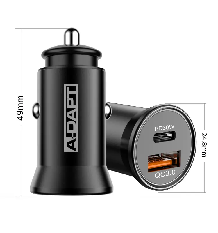 Car charger 1x PD3.0 30W + 1x USB QC3.0 18W black