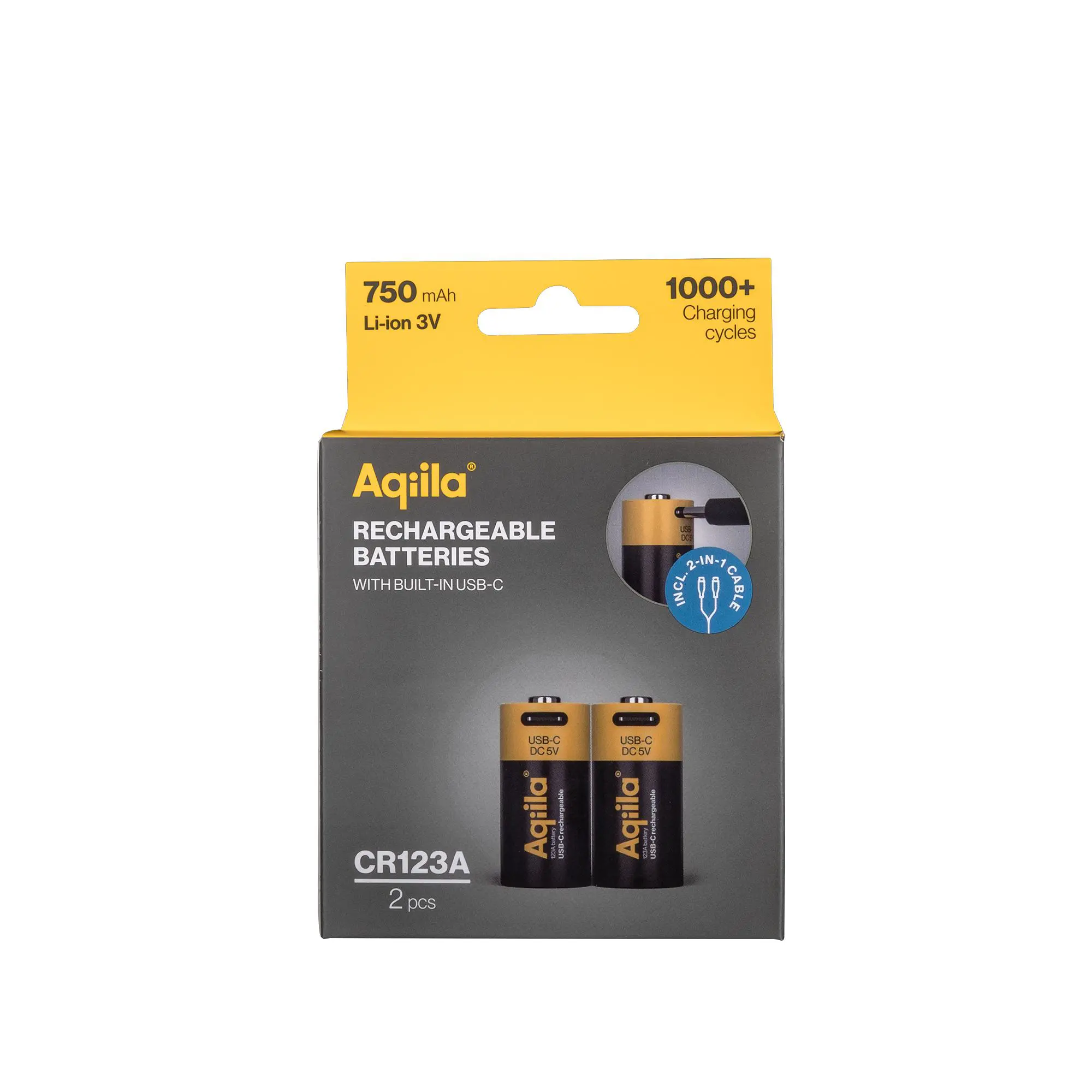Aqiila CR123A Rechargeable Battery Aqiila USB-C 750 mAh Li-Ion 3V, 2-pack