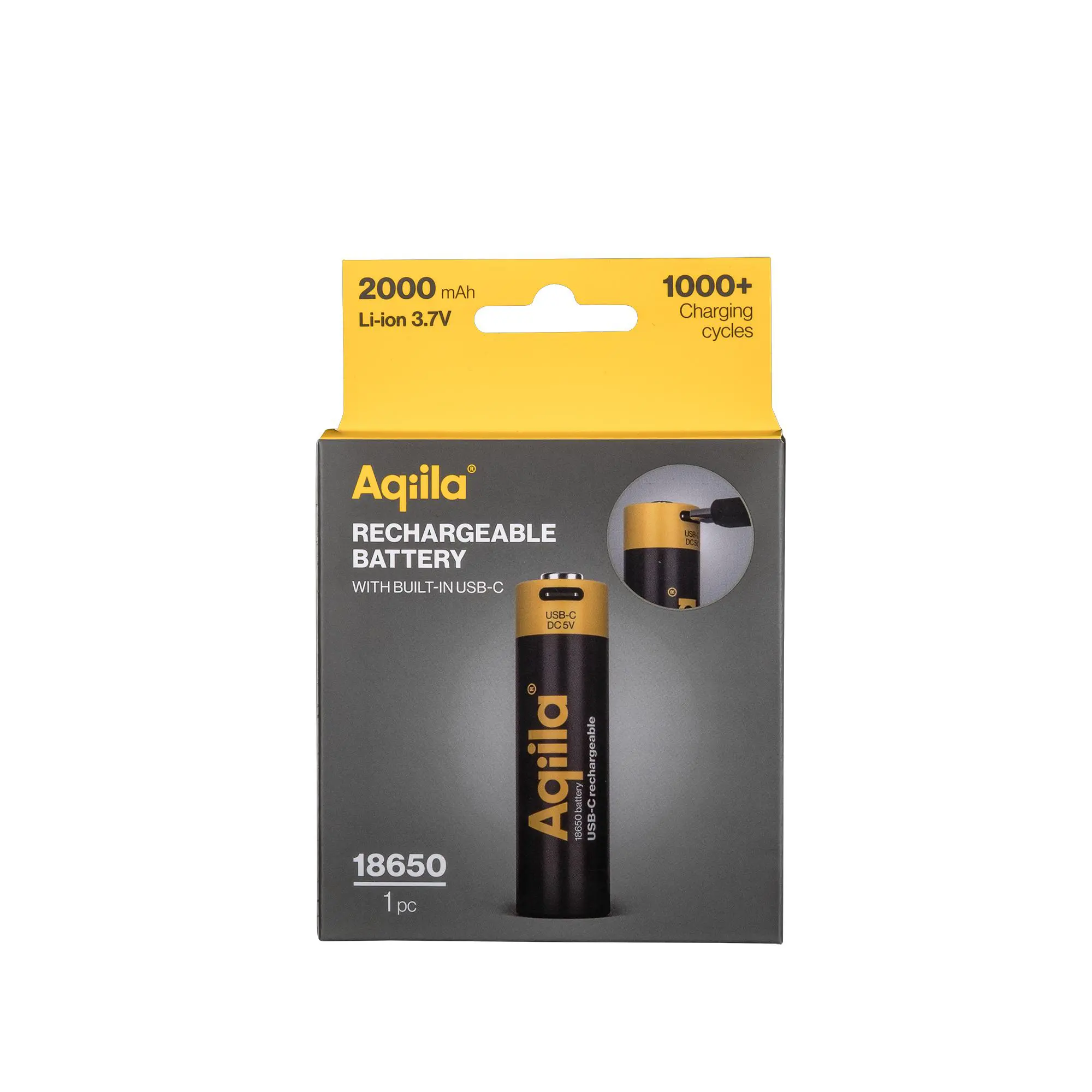 Aqiila 18650 Rechargeable Battery Aqiila USB-C 2000 mAh Li-Ion 3.7V 1 piece